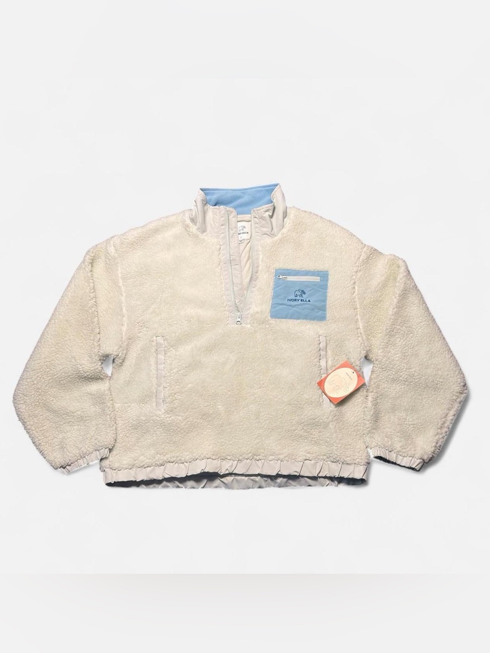 ivory ella Men's Ivory Sherpa Quarter-Zip with Light Blue Pocket